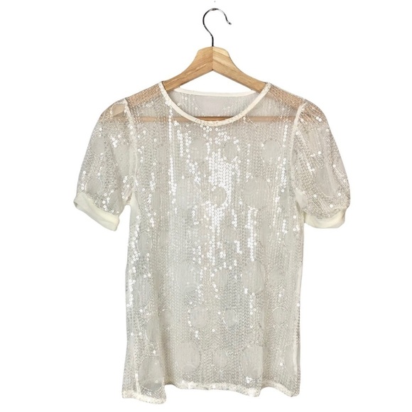 Boutique Sheer Sequin Allover Short Sleeve Top S - Picture 1 of 3